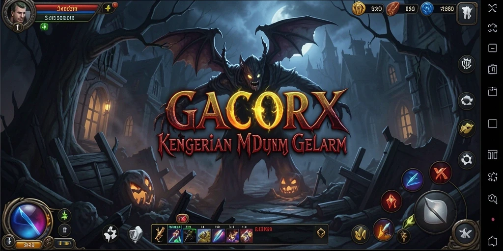 Screenshot GACORX menampilkan pemain menjelajahi area angker dengan suasana mencekam.