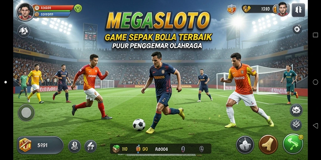 Screenshot MEGASLOTO menampilkan aksi seru dalam gameplay sepak bola.