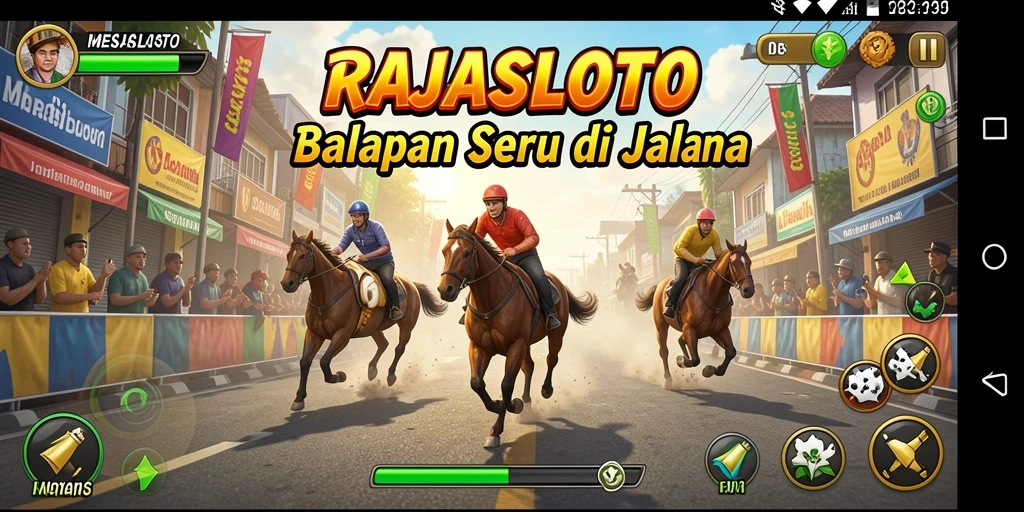 Tangkapan layar RAJASLOTO menampilkan balapan mendebarkan di trek yang menantang.