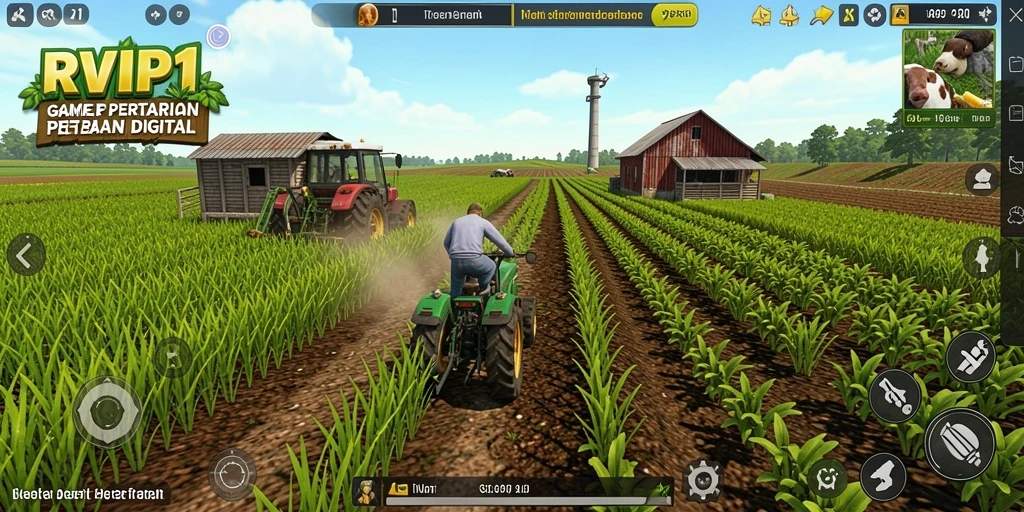 Tangkapan layar gameplay RVIP1 menampilkan aktivitas bertani yang interaktif.