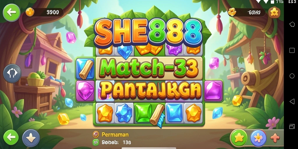 Screenshot gameplay SHE888 menampilkan aksen permata berwarna dalam tantangan Match-3.