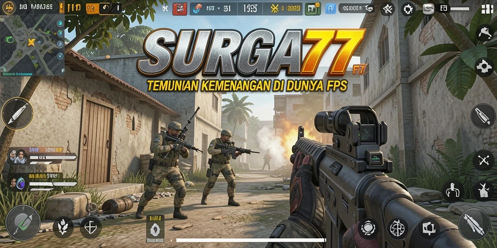 Tangkapan layar utama SURGA77 menampilkan aksi pertempuran FPS yang mendebarkan.