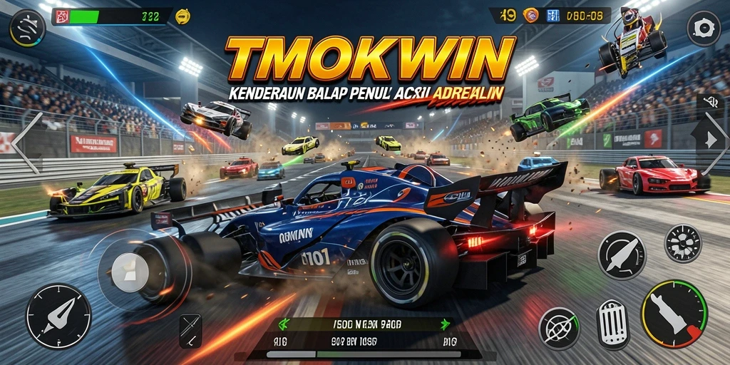 Screenshot gameplay TMOKWIN menampilkan aksi balap penuh kecepatan.