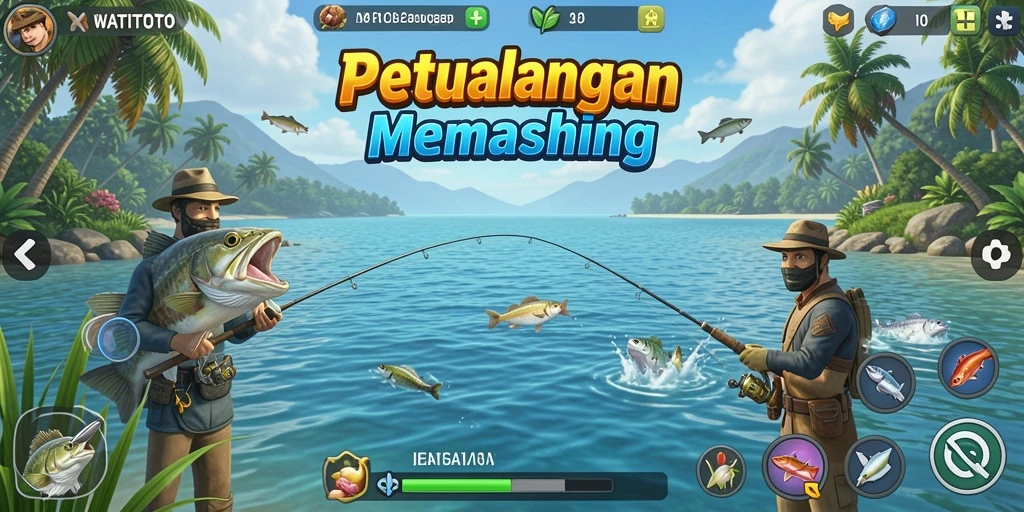 Screenshot dari gameplay WATITOTO menunjukkan pengalaman memancing yang seru.